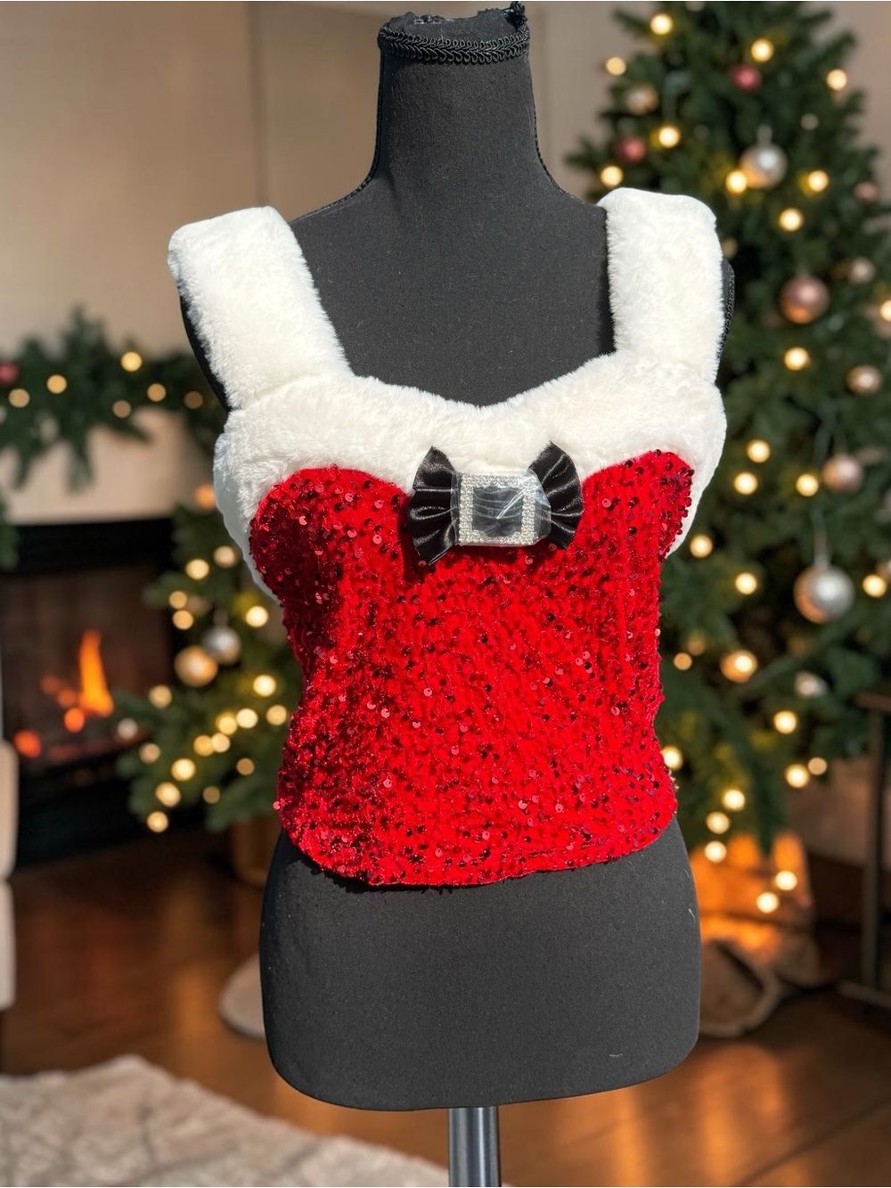 Holly & Cupid Red Sequin Holiday Top with Faux Fur Straps
